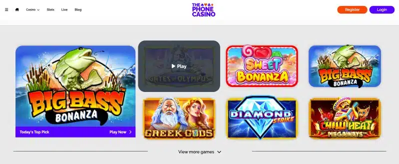 A screenshot of the game selection at The Phone Casino