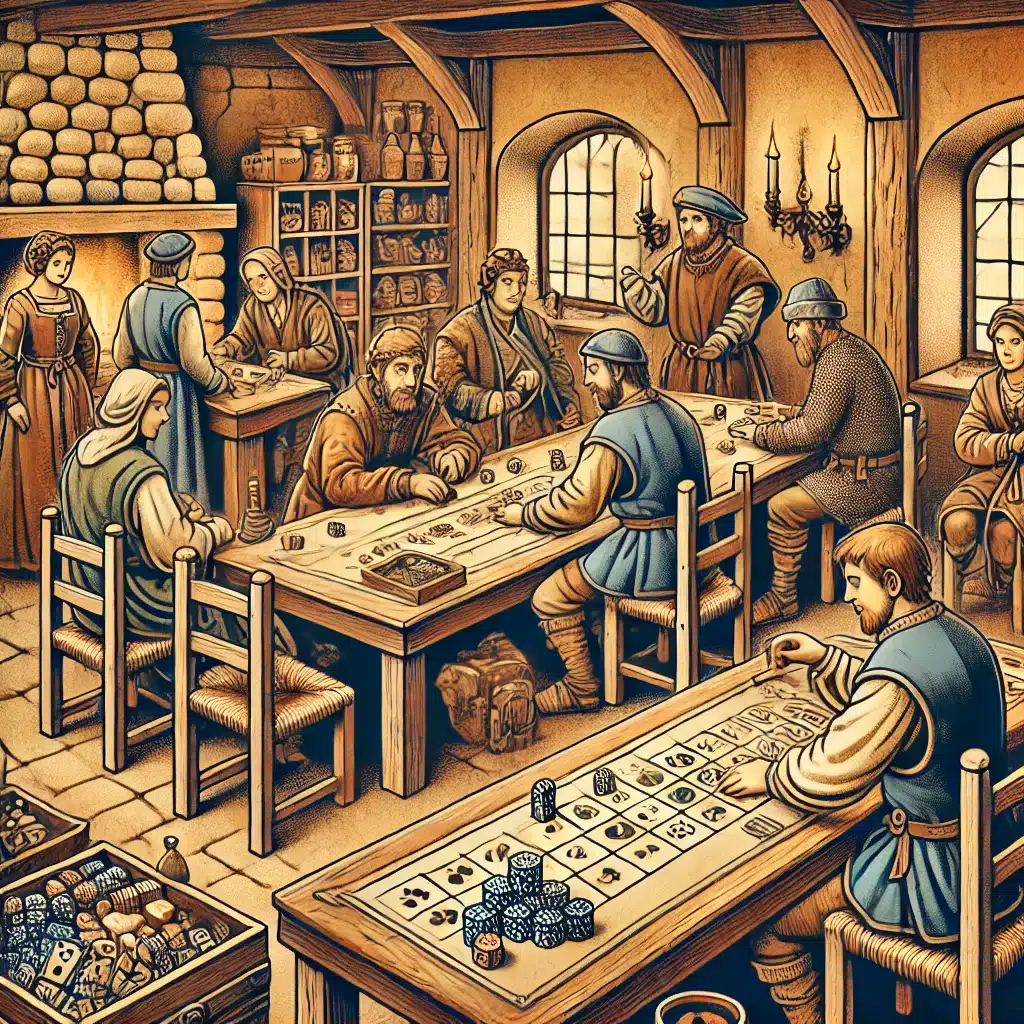 Medieval gambling in a tavern, with people playing dice and early card games, surrounded by wooden tables, candles, and stone walls.