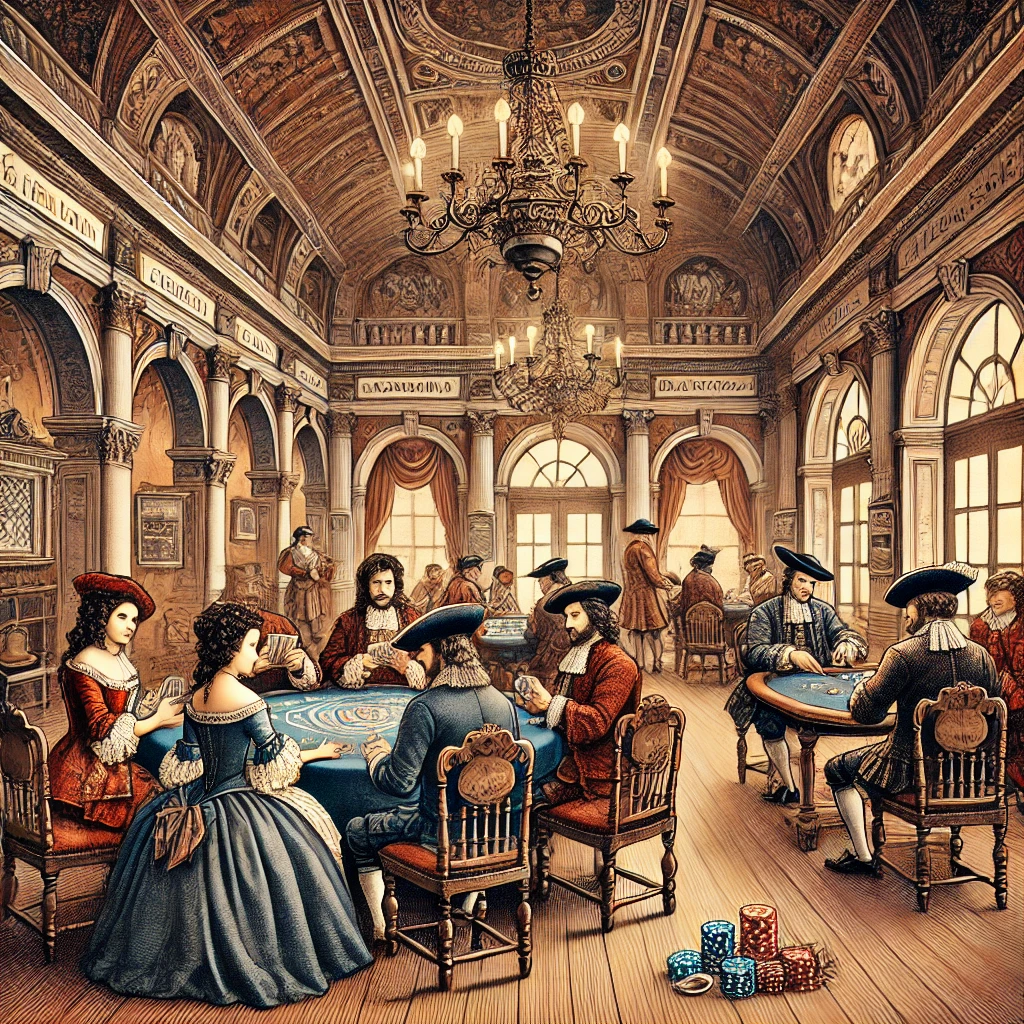 Venice’s Ridotto in the 1600s, showing elegantly dressed people playing card games like baccarat in a luxurious interior with chandeliers and ornate furniture.