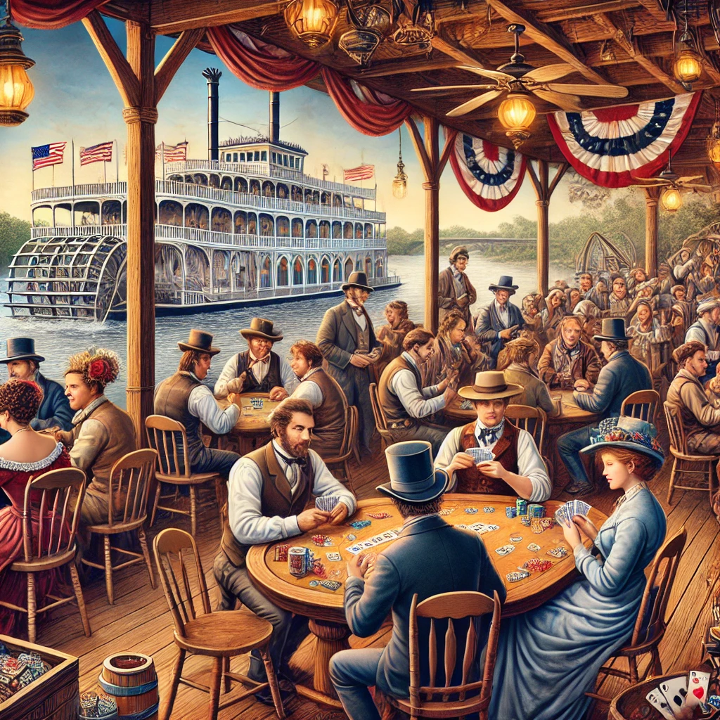 A riverboat casino on the Mississippi River, with people playing poker and card games in 19th-century attire, surrounded by oil lamps and wooden tables, with the river in the background.