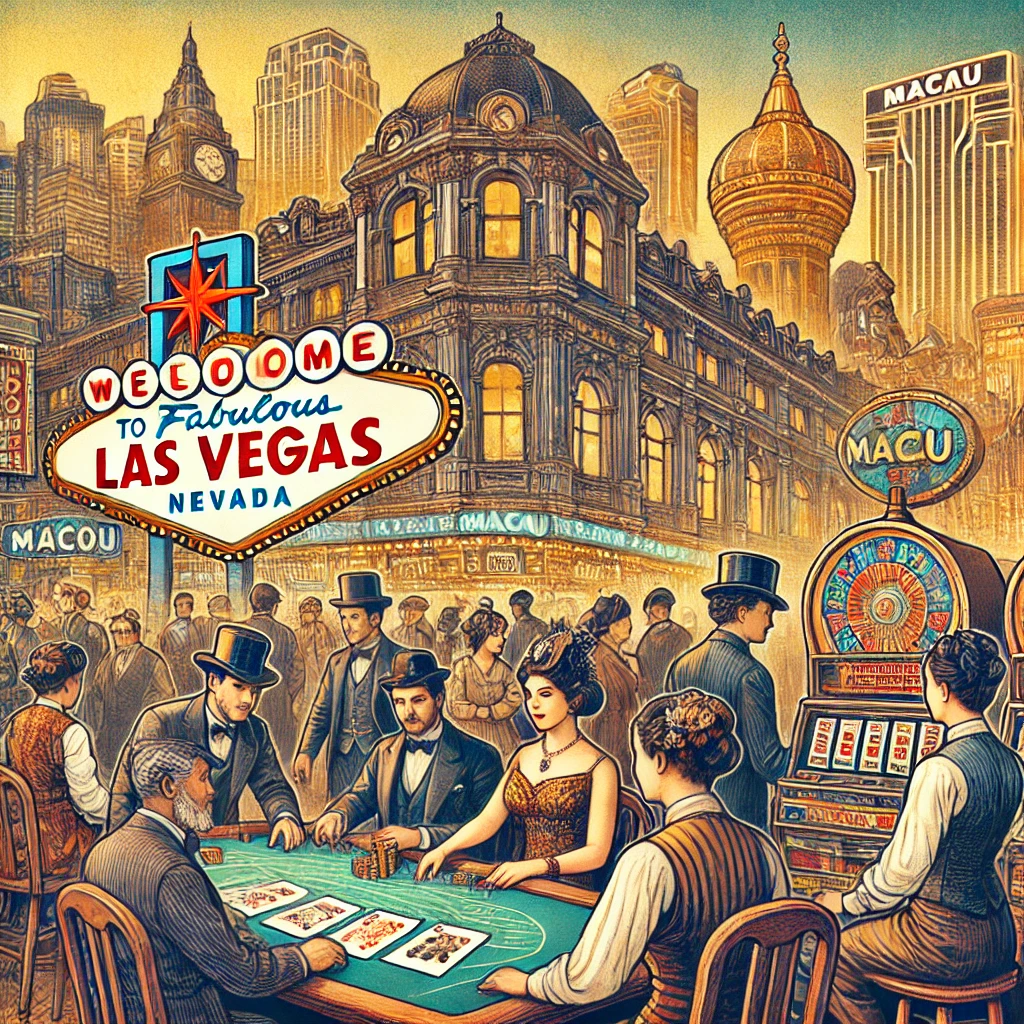 A glamorous Las Vegas casino in the 1900s, featuring neon lights, slot machines, and people dressed in mid-20th-century attire playing blackjack and roulette, with hints of Macau-style architecture.