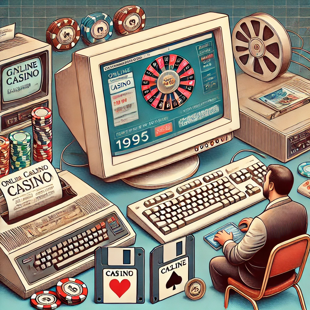 A 1990s desktop computer with an early online casino interface, surrounded by vintage internet elements like a dial-up modem and floppy disks, representing the dawn of online gambling.