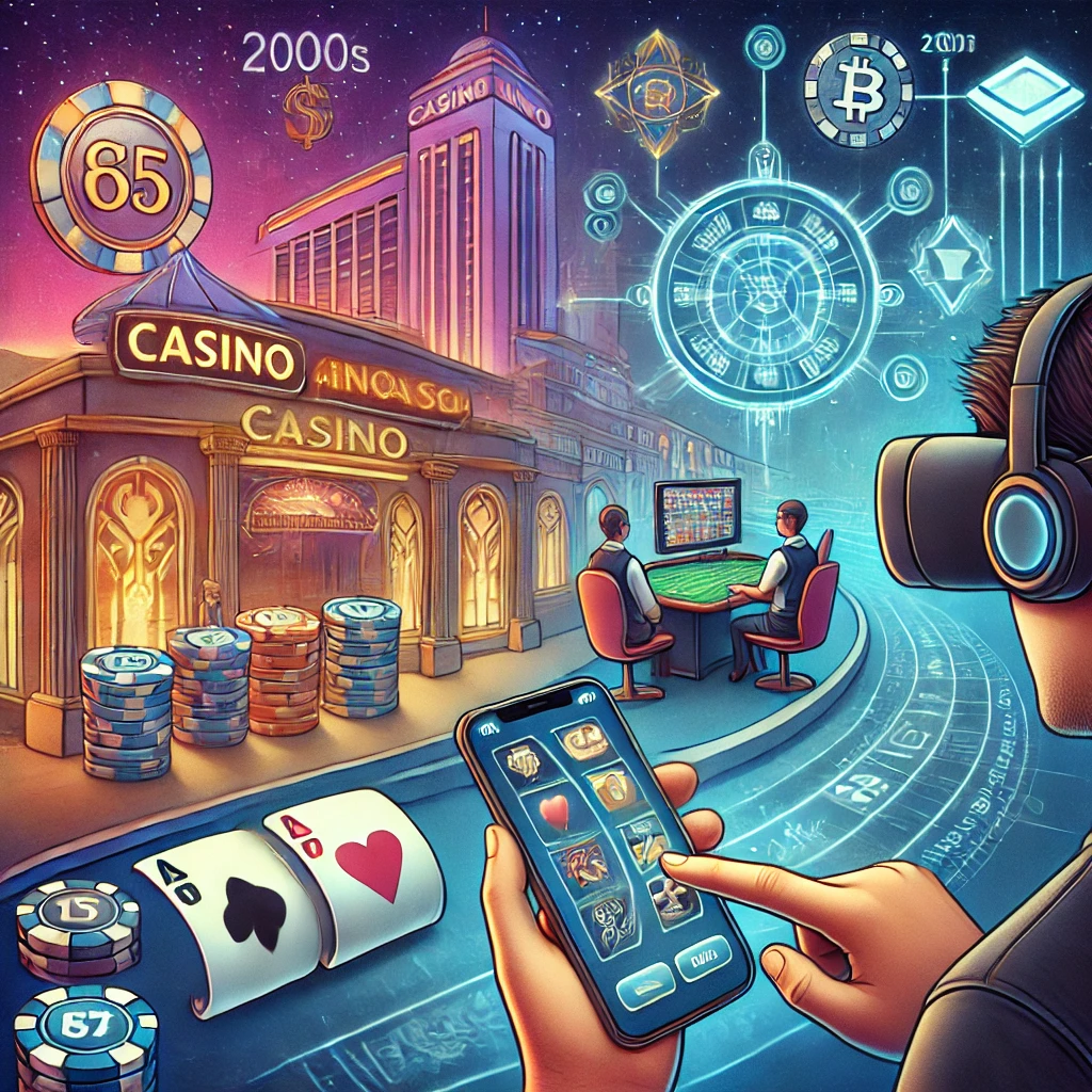 Modern gambling, showing a smartphone with an online casino app, a futuristic casino resort with neon lights, a virtual reality headset, and cryptocurrency symbols, reflecting today’s gambling trends.