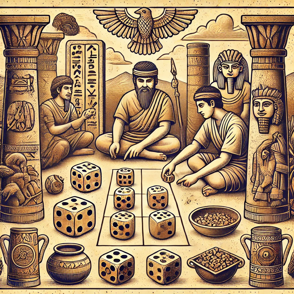 Ancient Mesopotamian gambling, featuring people using six-sided dice made from animal bones, surrounded by clay pots and stone carvings in a historical setting.