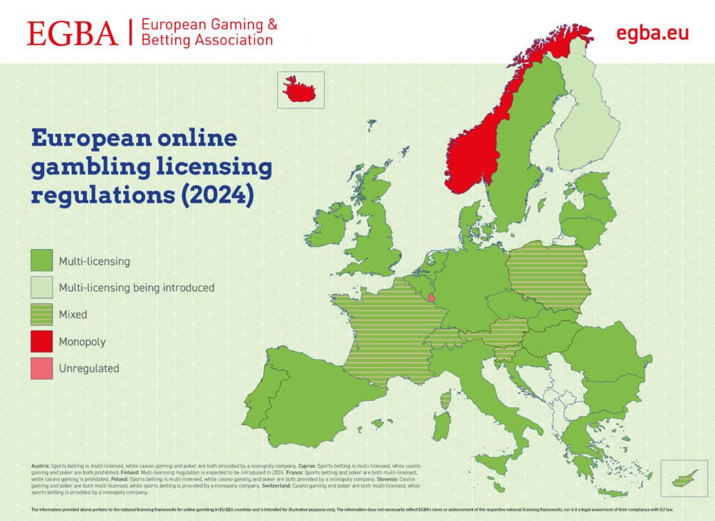 Map of European gambling licensing regulations