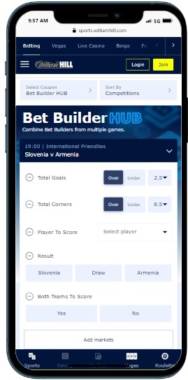 A smartphone showing the bet builder at William Hill