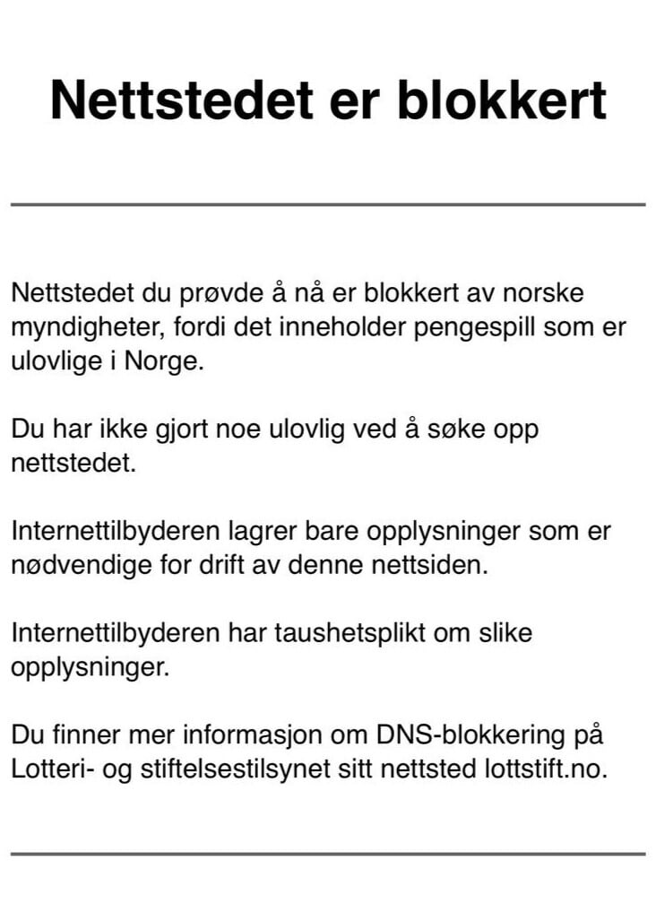 Skjermdump av feilmeldingen man får opp på grunn av DNS-blokkeringen